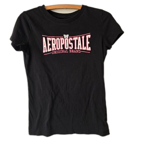 Aeropostale T-shirt Black Spell out Letters Butterfly Pink Classic Crew Prep Y2k - Picture 1 of 2